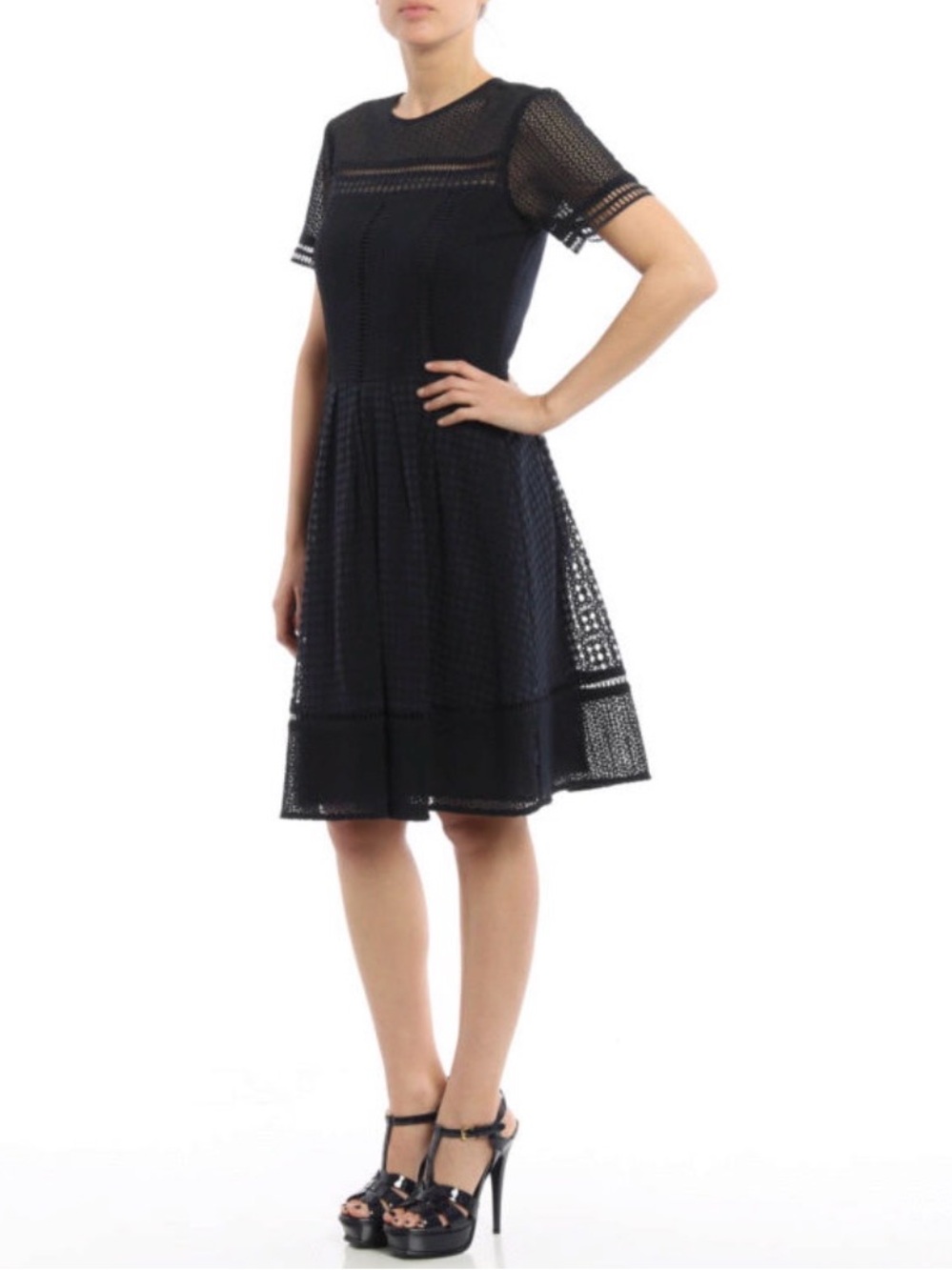 MICHAEL Michael Kors Navy Lace-Effect Fit-and-Flare Eyelet Midi Dress